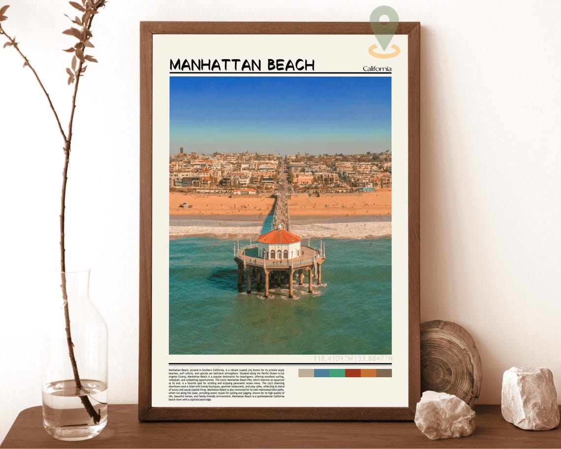 Manhattan Beach California Pier Aerial Sunset Beach Travel Poster