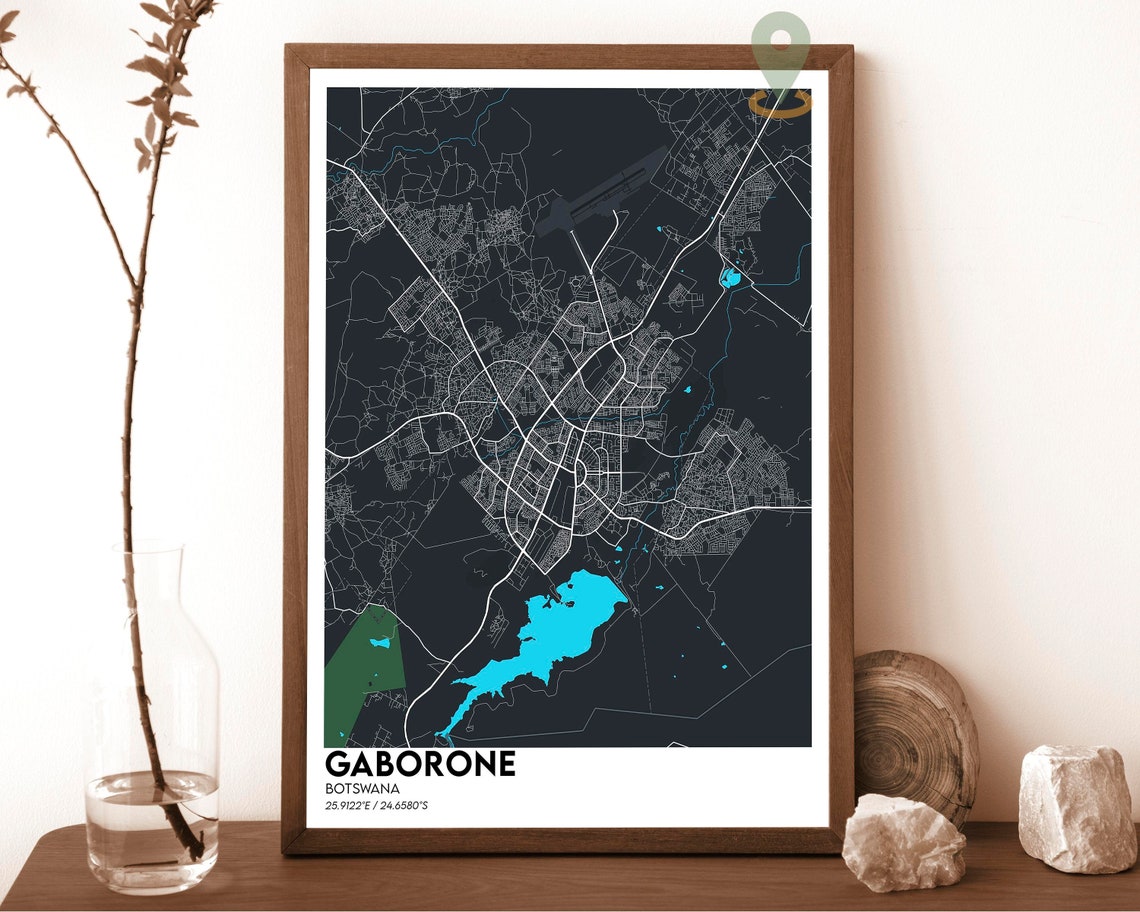 Gaborone Botswana Dark City Map White Streets Blue Water Poster