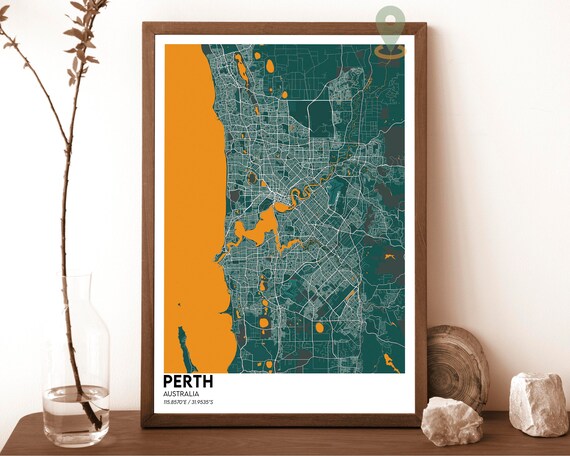 Perth Australia Teal Orange Minimalist City Map Wall Decor Poster