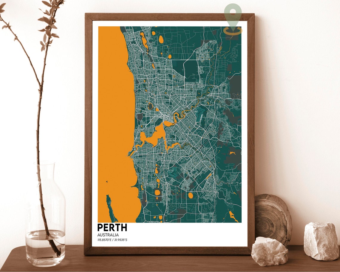 Perth Australia Teal Orange Minimalist City Map Wall Decor Poster
