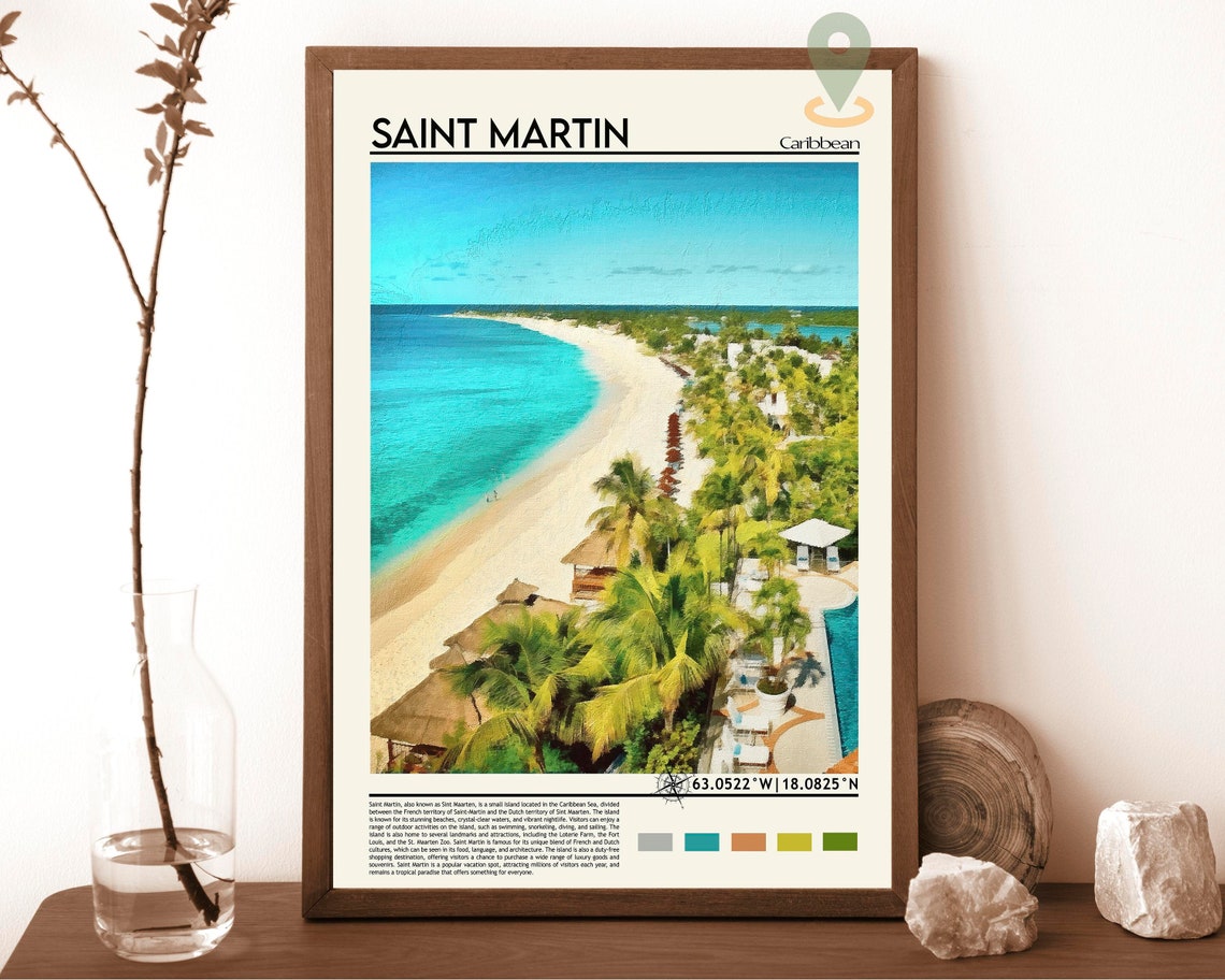 Saint Martin Caribbean Aerial Beach Travel Poster Island Paradise