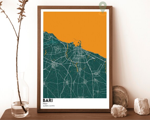 Bari Italy Emerald Green Coastal City Street Grid Map Poster