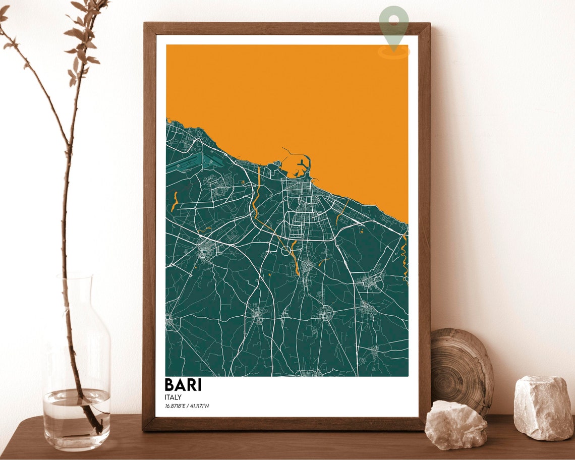 Bari Italy Emerald Green Coastal City Street Grid Map Poster