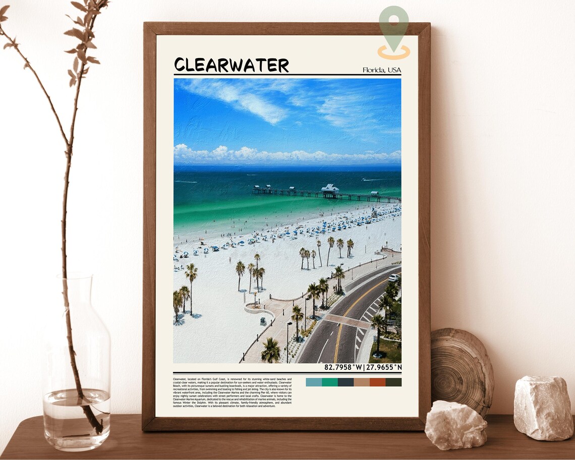 Clearwater Florida Pier White Sand Beach Oil Painting Travel Poster
