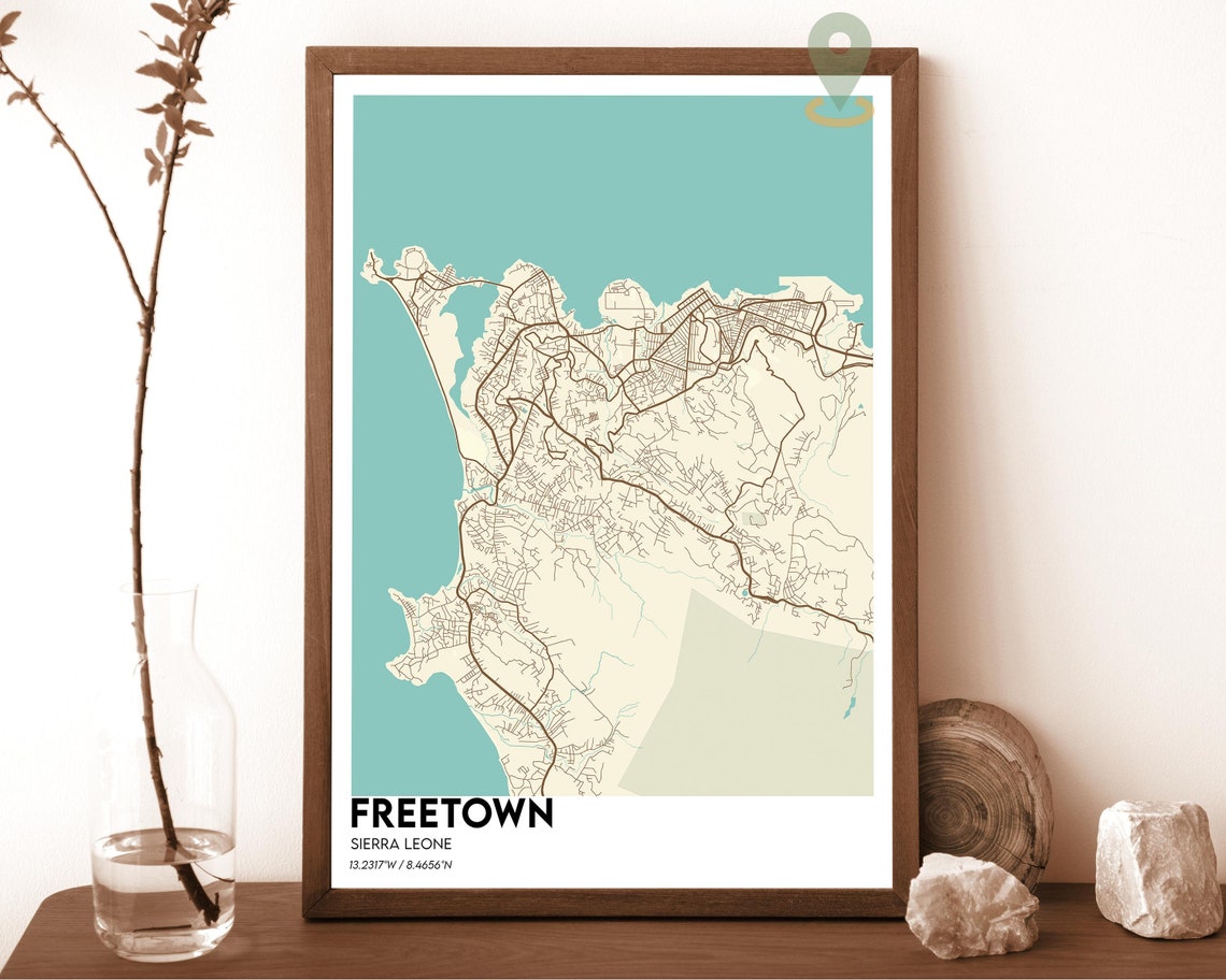 Freetown Sierra Leone Cream Teal Coastal City Map Home Decor Poster