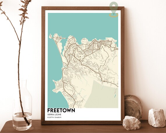 Freetown Sierra Leone Cream Teal Coastal City Map Home Decor Poster