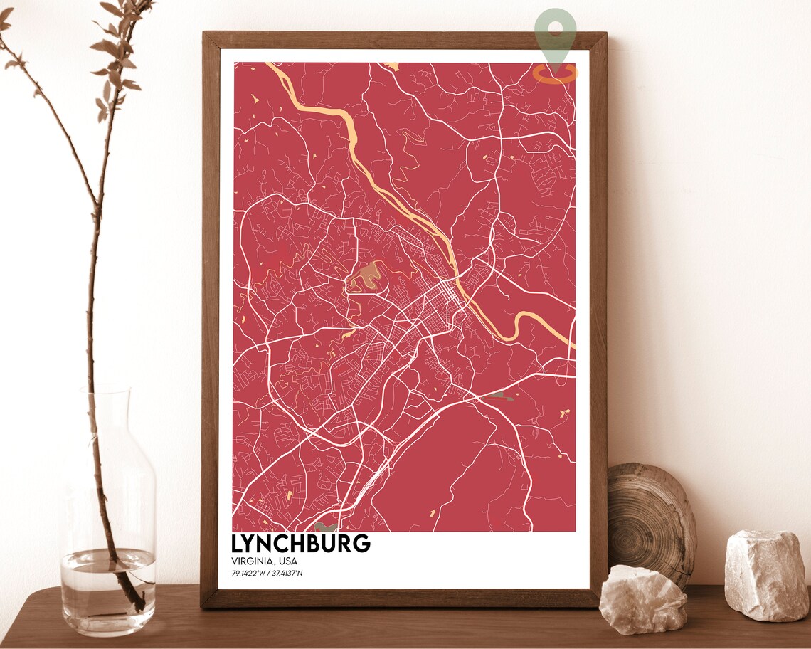 Lynchburg Virginia Navy Yellow River Street Map Modern Art Poster - Image 4