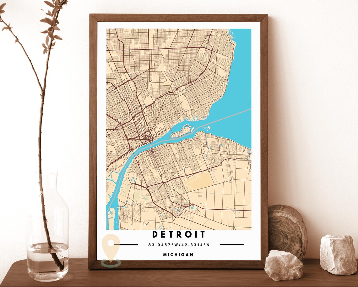 Detroit Michigan Navy Yellow City Street Map Coordinates Travel Poster - Image 3