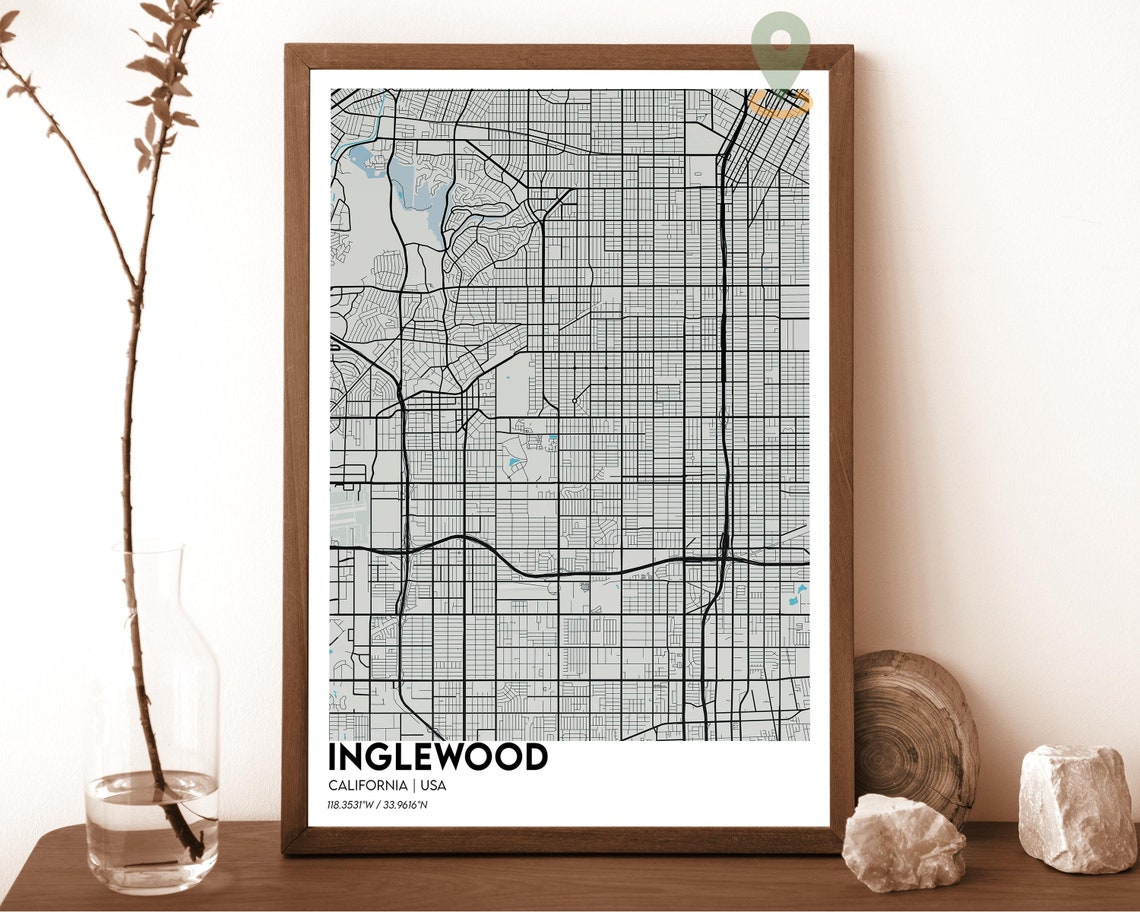 Inglewood California Modern Street Map Navy Teal Grid Poster - Image 2