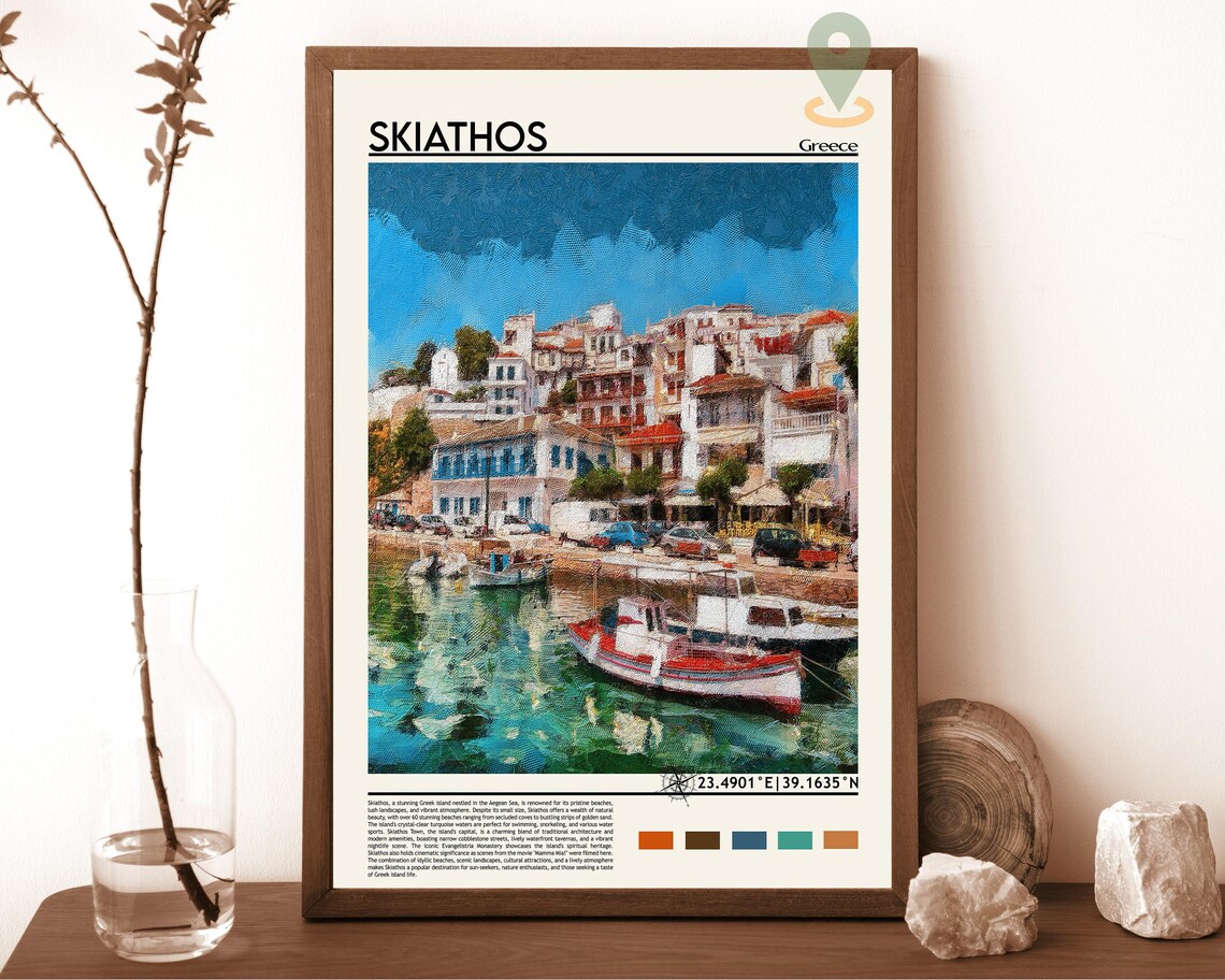 Skiathos Greece Harbor Boats Colorful Seaside Aegean Travel Poster
