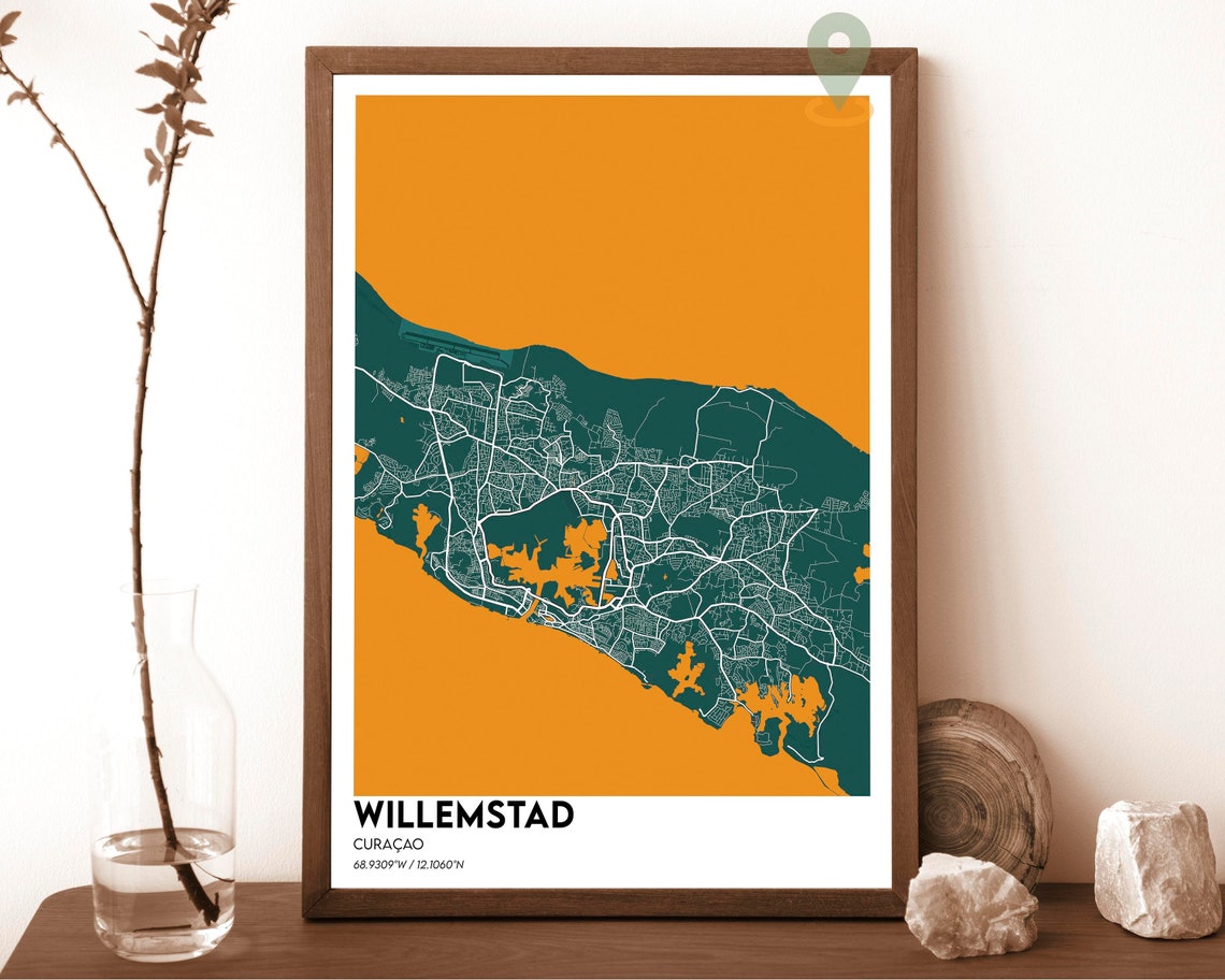 Willemstad Curacao Teal Cream Caribbean City Map Line Poster - Image 4