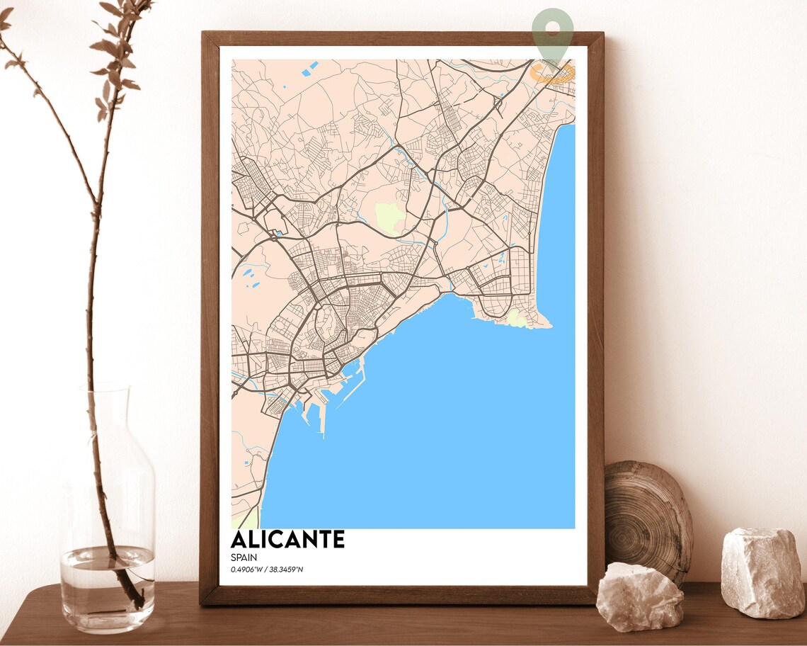Alicante Spain dark navy with pink street lines Street Map Coordinates Poster - Image 3