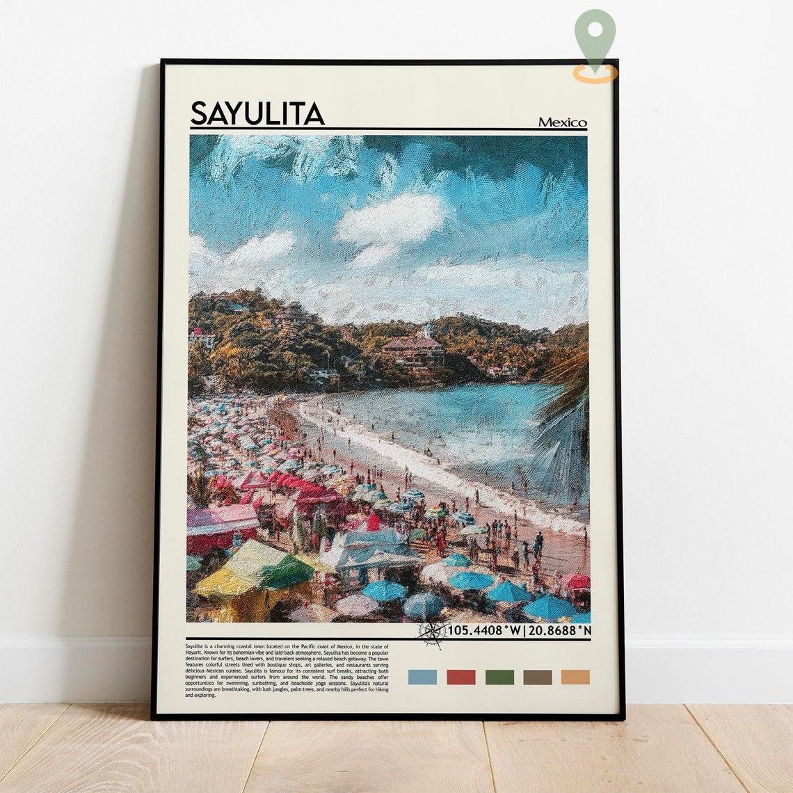 Sayulita Mexico Pacific Beach Umbrellas Surf Town Painterly Poster - Image 3