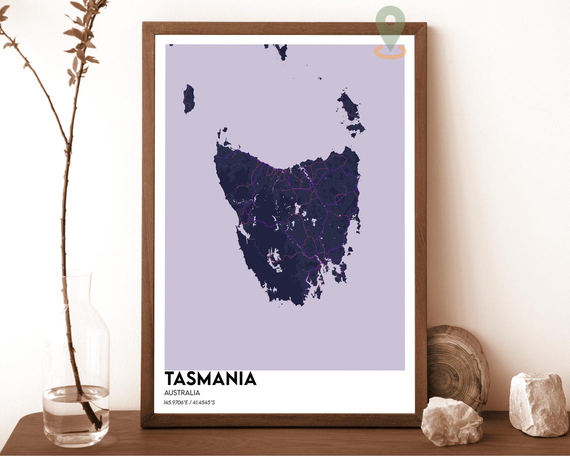 Tasmania Australia Island Map Dark Navy on Lavender Graphic Poster