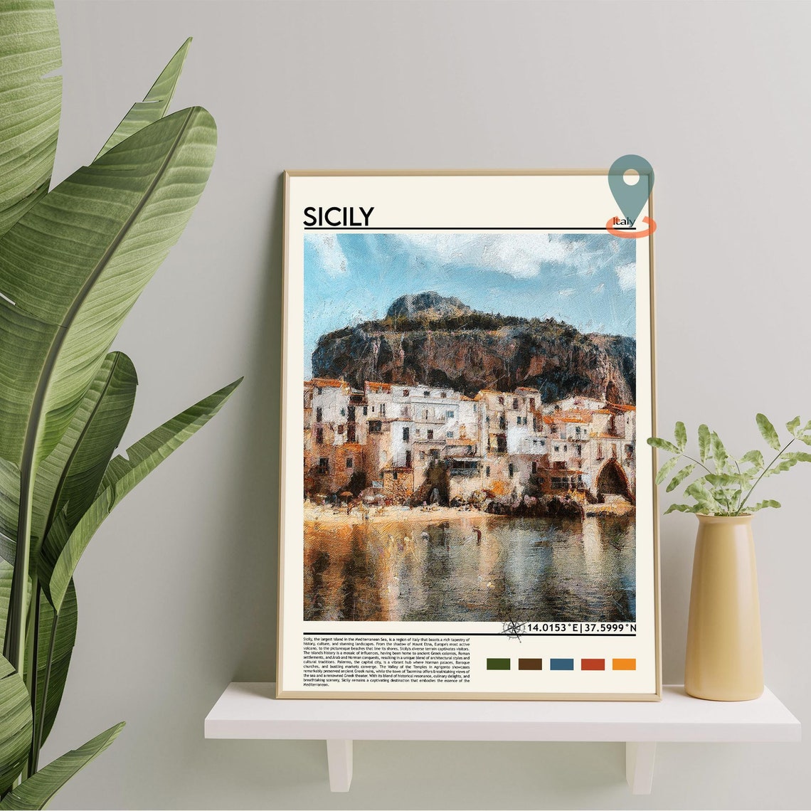Sicily Italy Charming Seaside Village Rocky Cliff Painterly Poster - Image 5