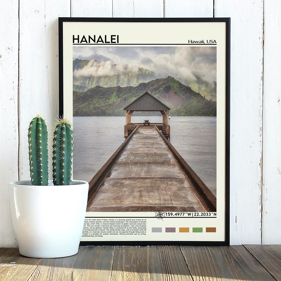 Hanalei Hawaii Kauai Pier Mountains Misty Coastal Travel Poster - Image 5