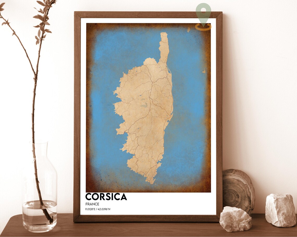 Corsica France Vintage Sepia Map Art Island Blue Modern Travel Poster
