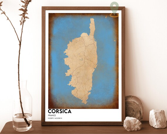 Corsica France Vintage Sepia Map Art Island Blue Modern Travel Poster
