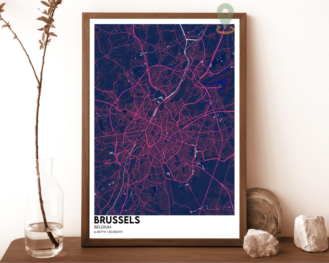 Brussels Belgium Dark Night City Map Cyan Canals Decor Poster - Image 2