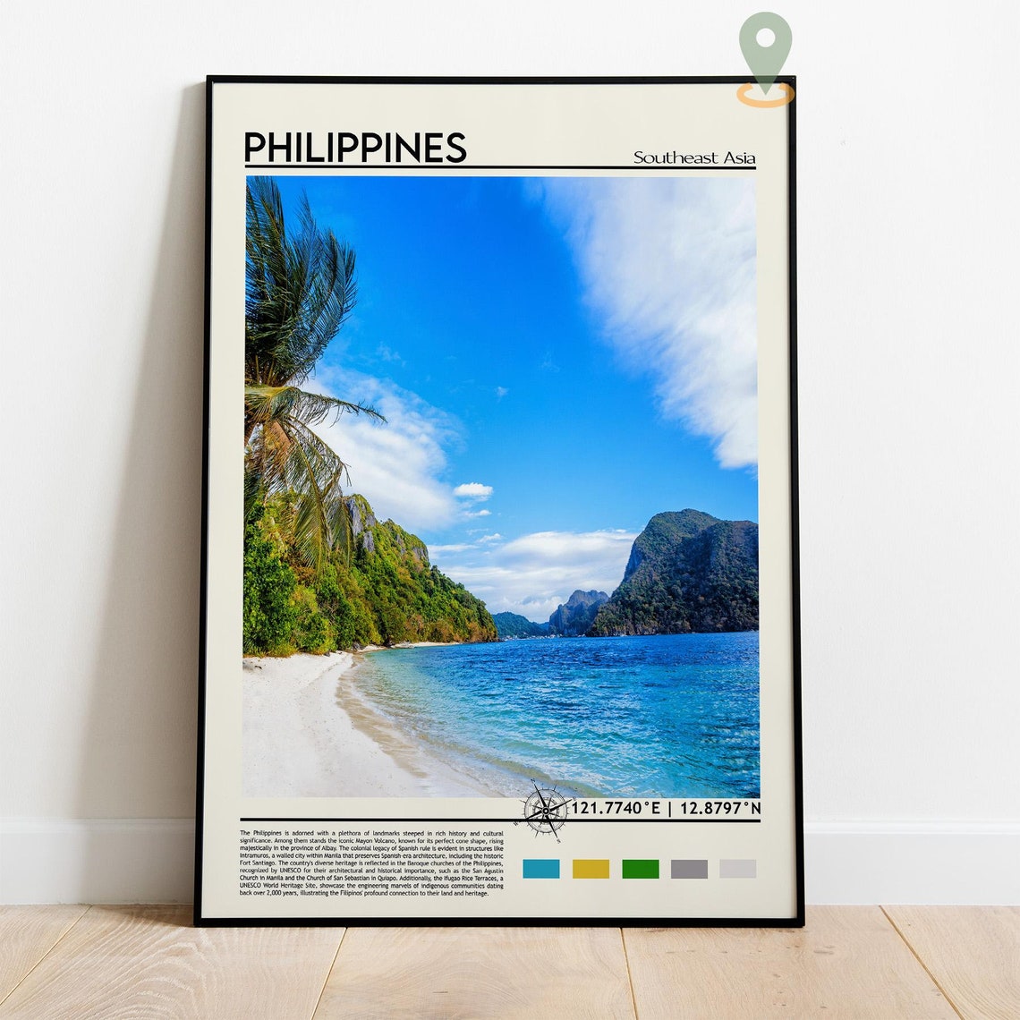 Philippines Tropical Beach Palm Trees Karst Cliffs Travel Poster - Image 3