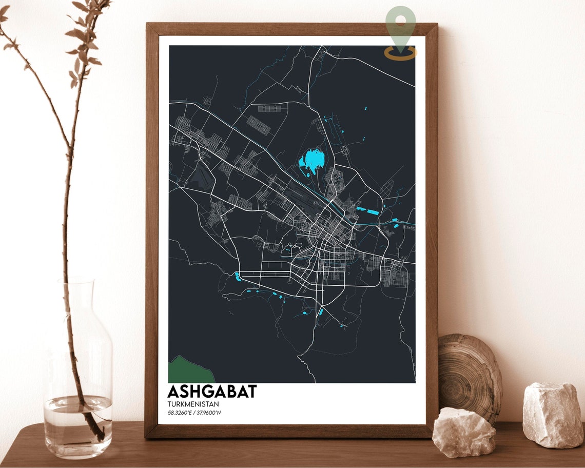 Ashgabat Turkmenistan Modern Dark Navy City Street Map Poster - Image 2