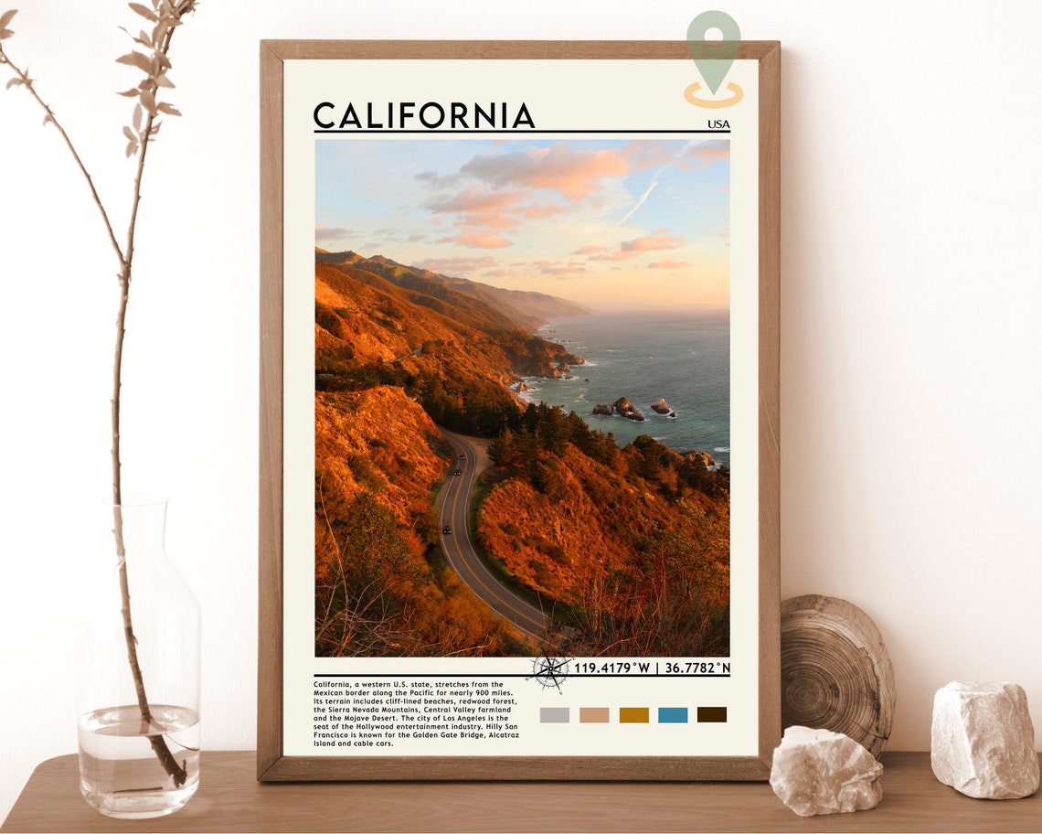 California Coastal Highway Sunset Golden Hour Scenic Travel Poster