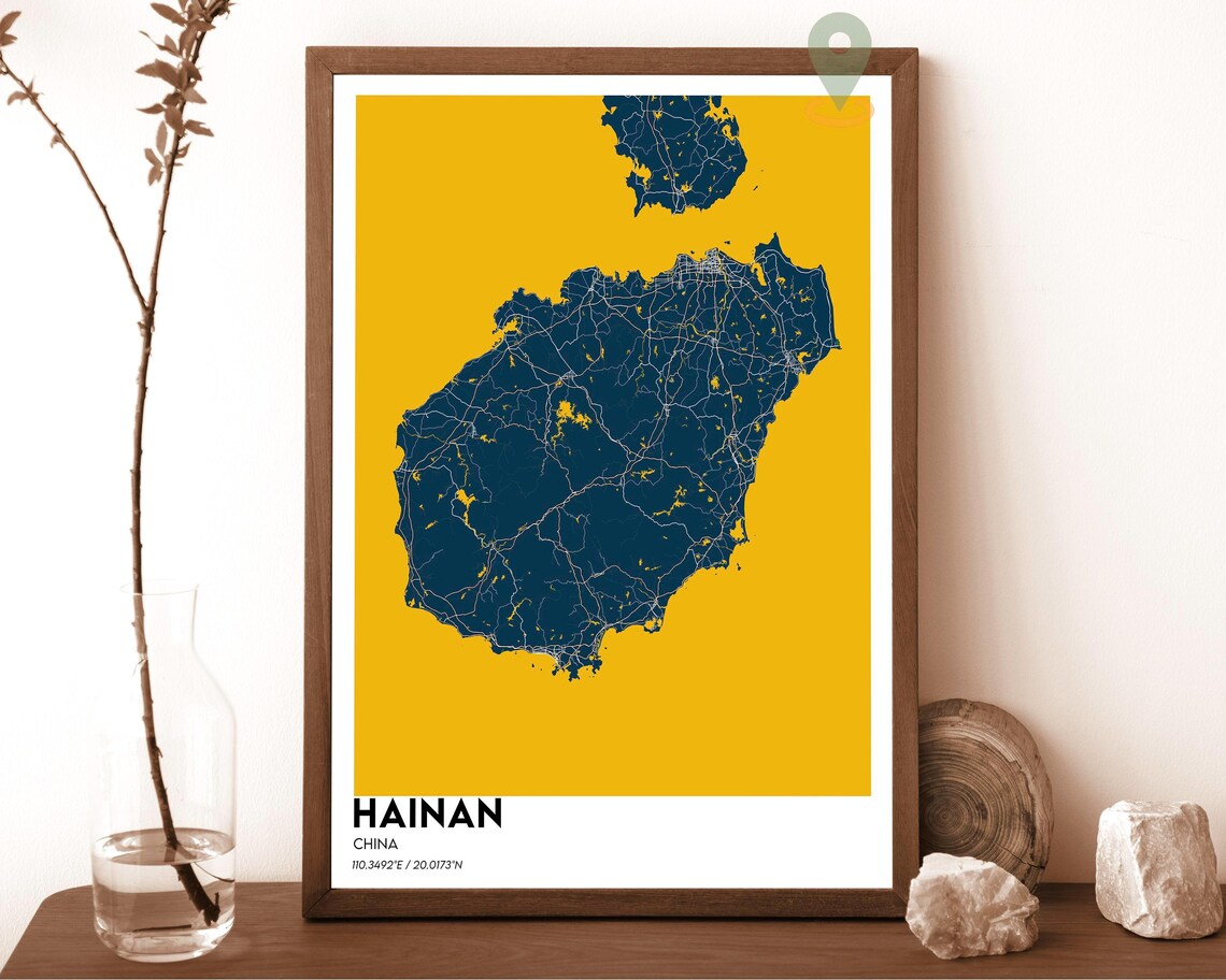 Hainan China Minimalist Island Map Art Cyan Blue Modern Wall Decor Poster - Image 2