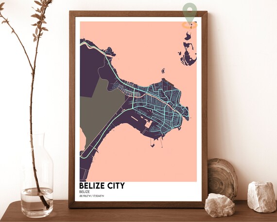 Belize City Belize Blush Peach Purple Coastal City Map Poster