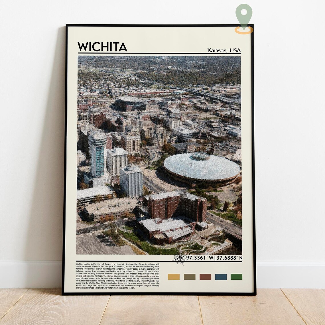 Wichita Kansas Downtown Aerial City View Oil Paint Art Poster - Image 2