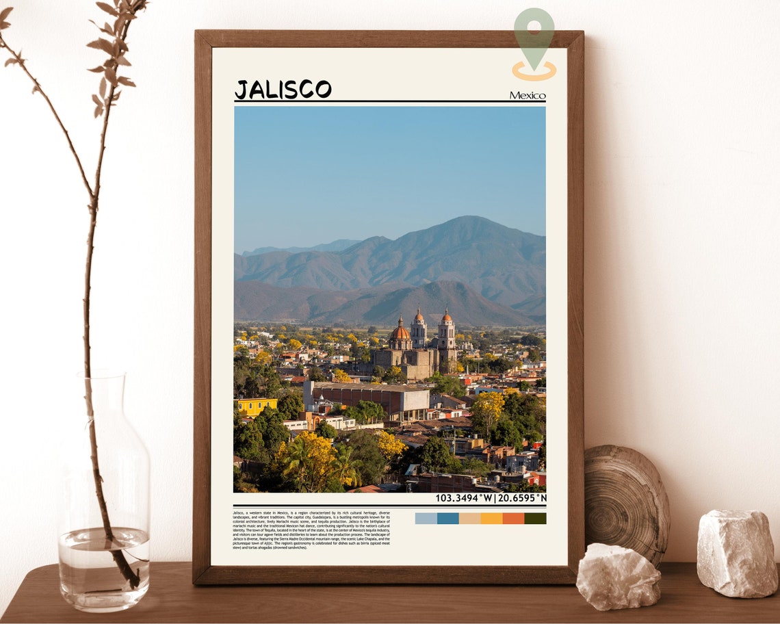Jalisco Mexico Colonial Cathedral Town Mountain View Travel Poster
