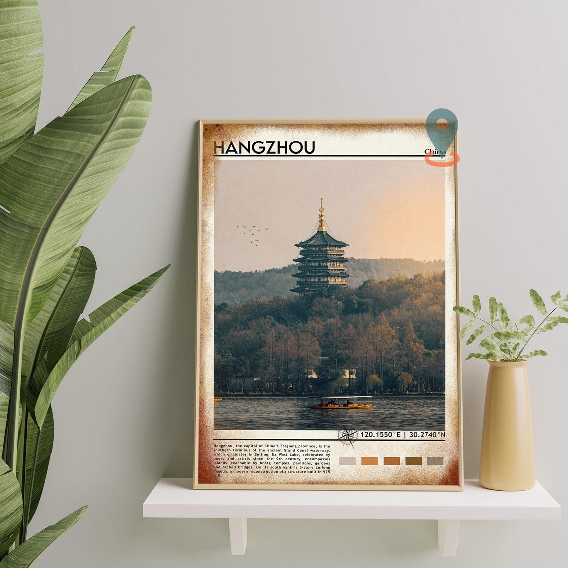 Hangzhou China Leifeng Pagoda West Lake Sunset Travel Poster - Image 2
