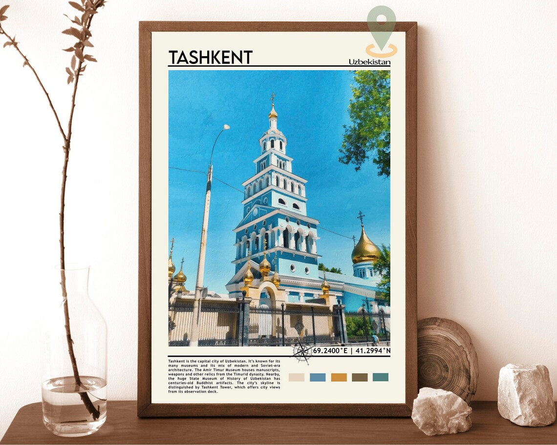 Tashkent Uzbekistan Blue Cathedral Golden Domes City Travel Poster