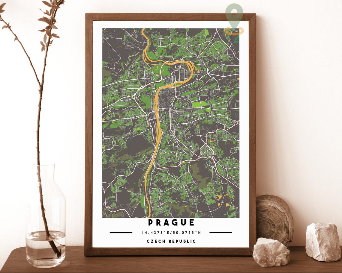 Prague Czech Republic Teal Orange River Street Map Bold Wall Art - Image 4