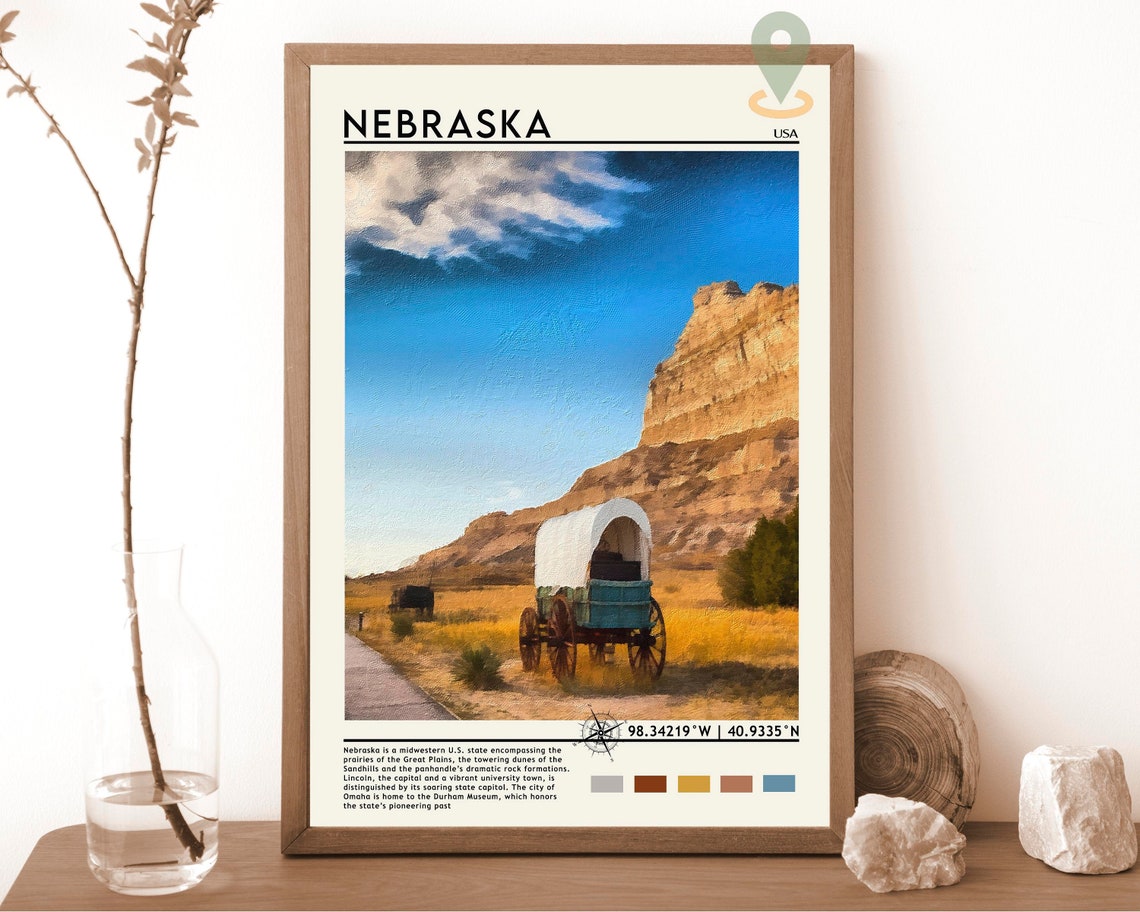 Nebraska Pioneer Wagon and Bluffs Historic Midwest Scene Poster