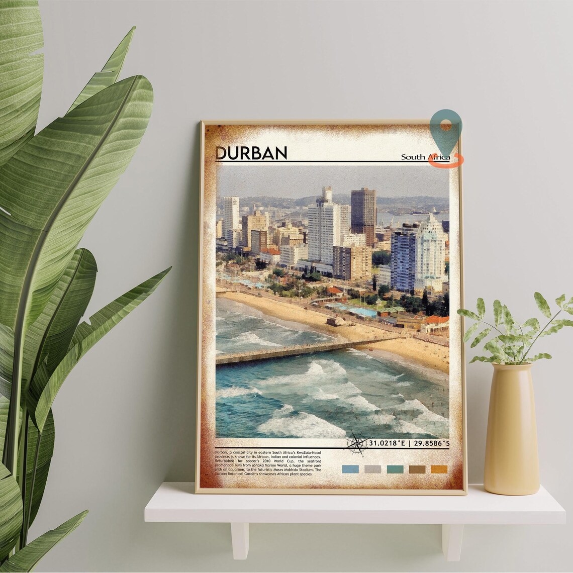 Durban South Africa Beachfront Skyline Waves Aerial Travel Poster - Image 2