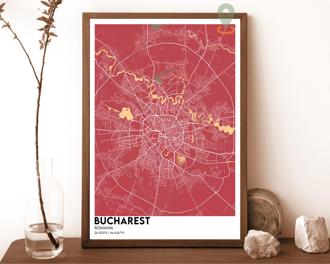 Bucharest Romania Crimson Red City Map Modern Art Decor Poster