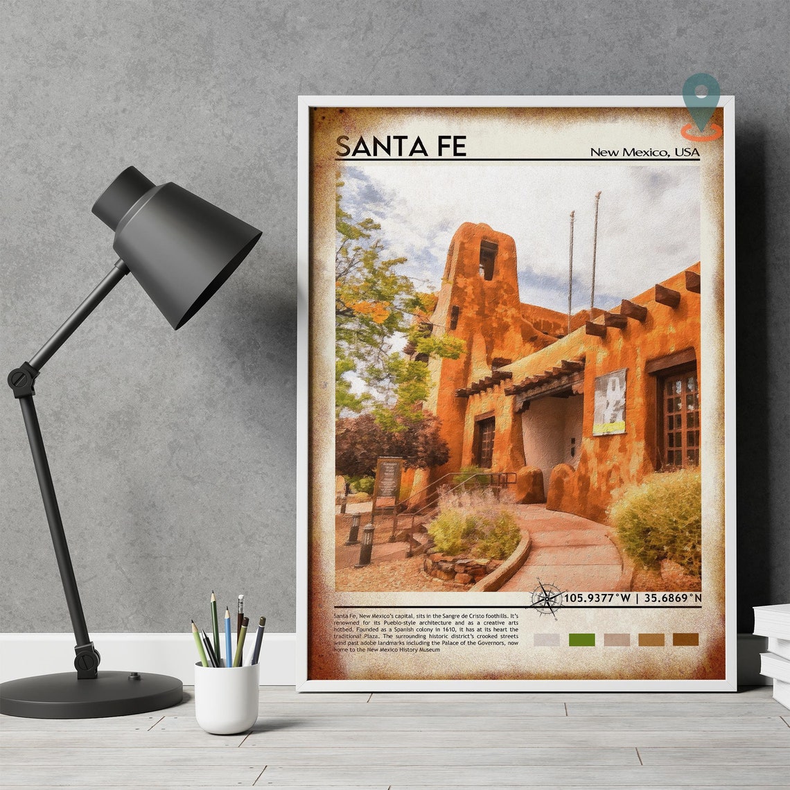 Santa Fe New Mexico Adobe Old Town at Sunset Watercolor Poster - Image 4