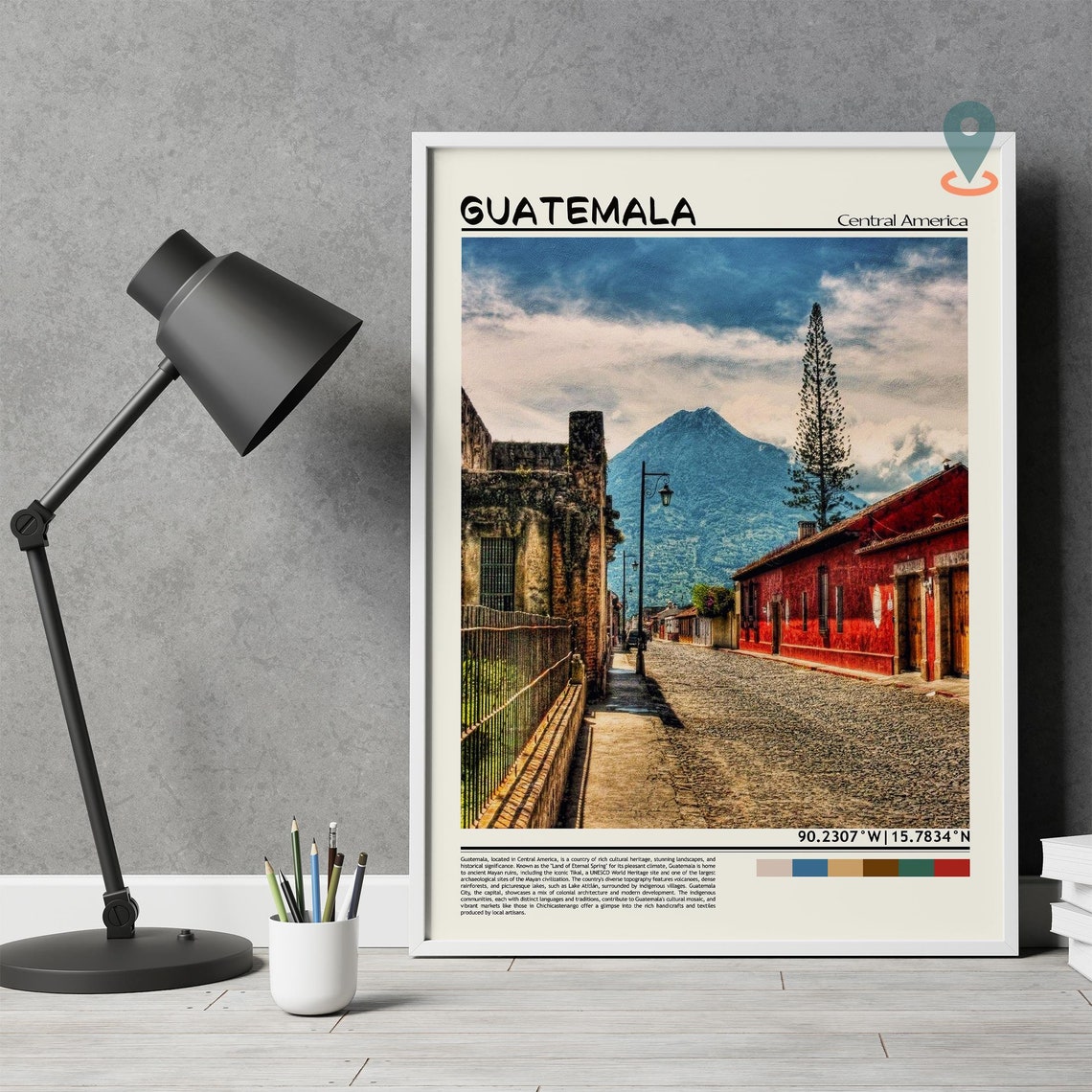 Guatemala Antigua Colonial Street and Volcano View Travel Poster - Image 4