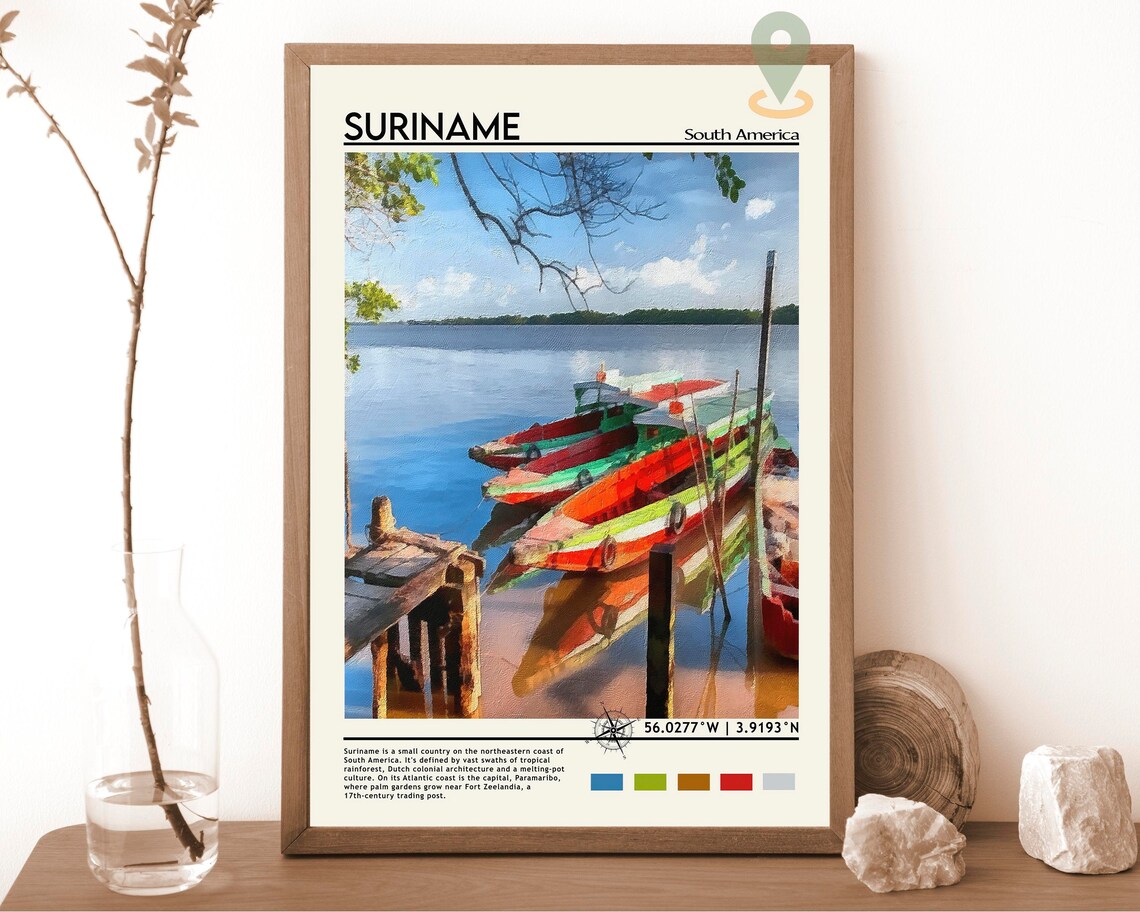 Suriname South America Colorful Tropical River Boats Coastal Poster