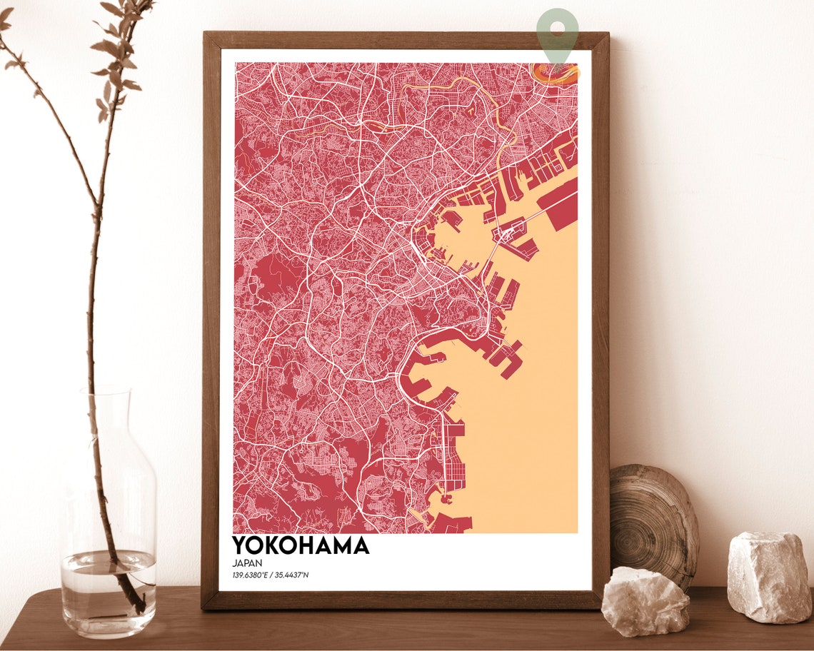Yokohama Japan Navy Blue Golden Bay Modern City Map Art Poster - Image 3