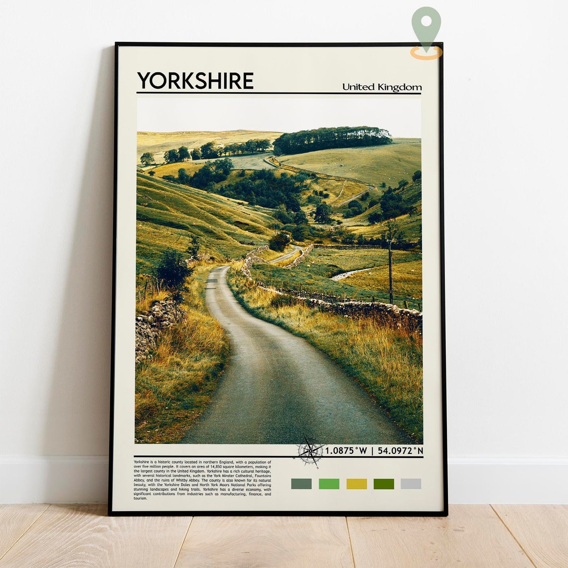 Yorkshire England Rolling Green Hills Country Lane Vintage Poster - Image 2