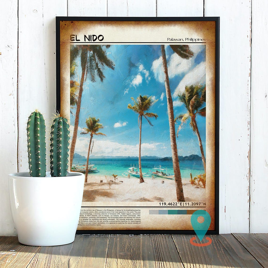 El Nido Palawan Tropical Beach Palm Tree Vintage Travel Poster - Image 2