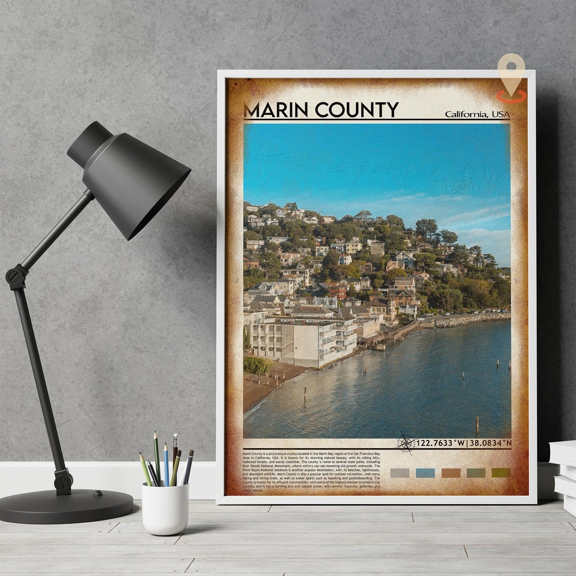Marin County California Bay Hillside Town Waterfront View Poster - Image 4