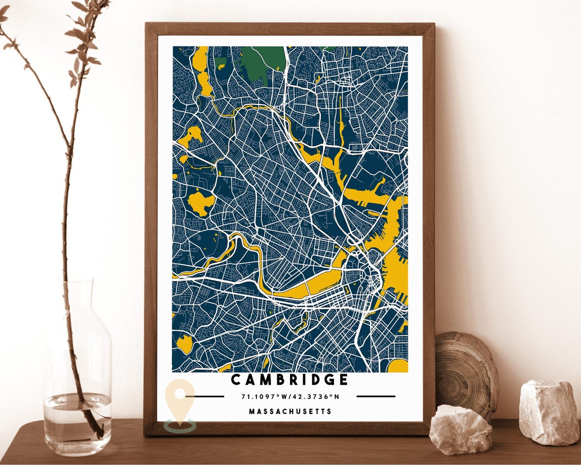 Cambridge Massachusetts City Street Map Gray Blue Poster Decor - Image 2