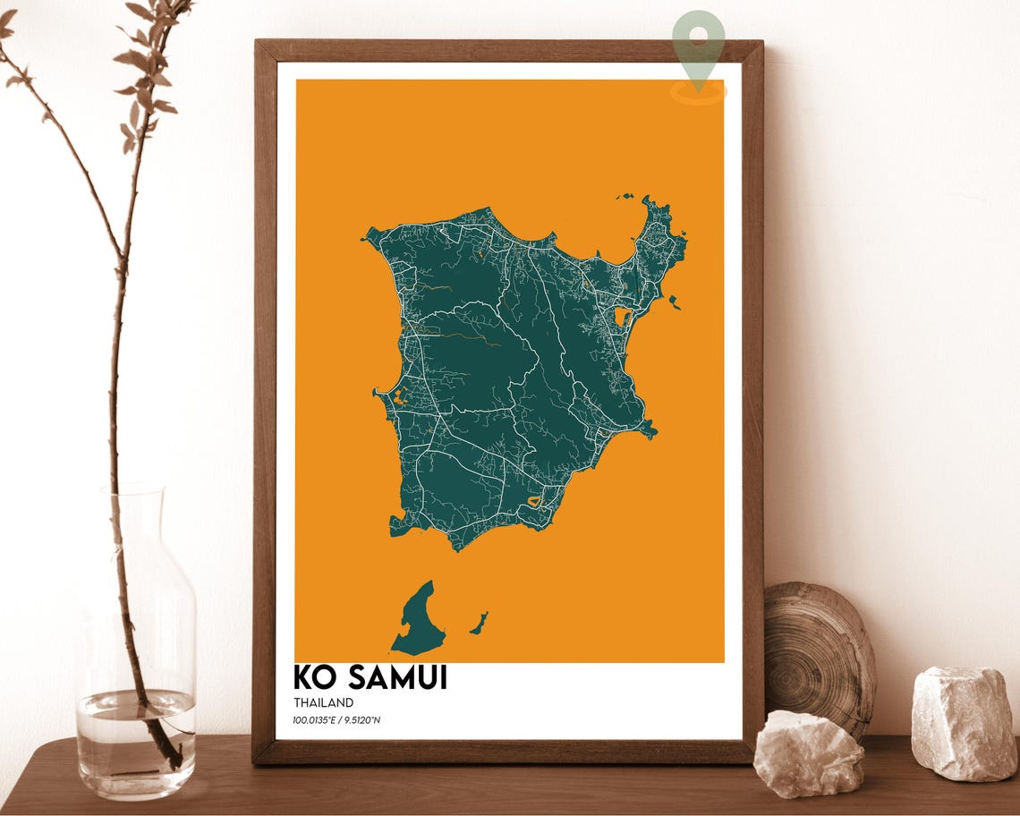 Ko Samui Thailand Island Map Minimal Light on Teal Graphic Poster - Image 5
