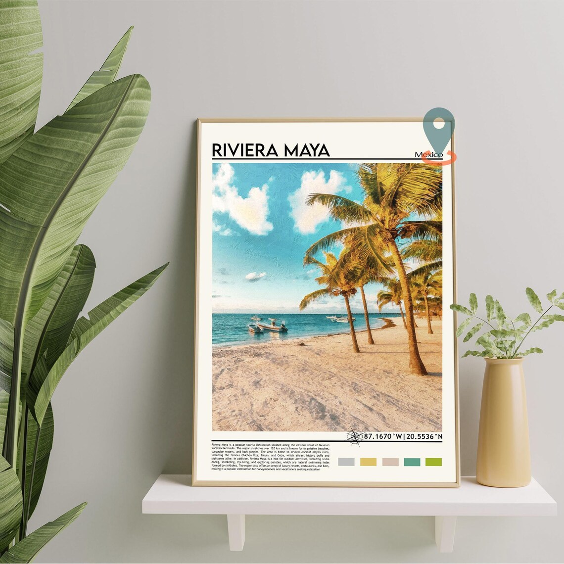 Riviera Maya Mexico Palm Beach Turquoise Sea Boats Travel Poster - Image 2