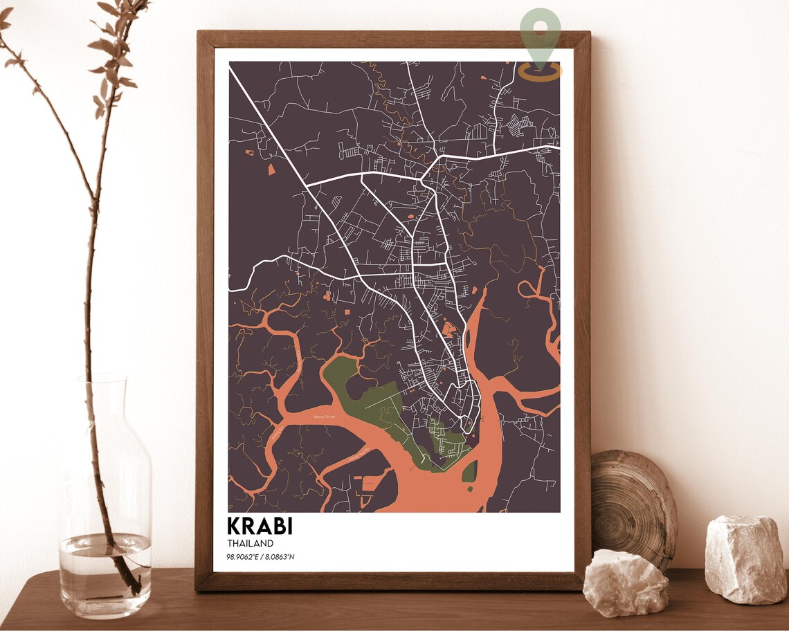 Krabi Thailand Plum Coastal Modern Minimalist City Map Wall Art - Image 6