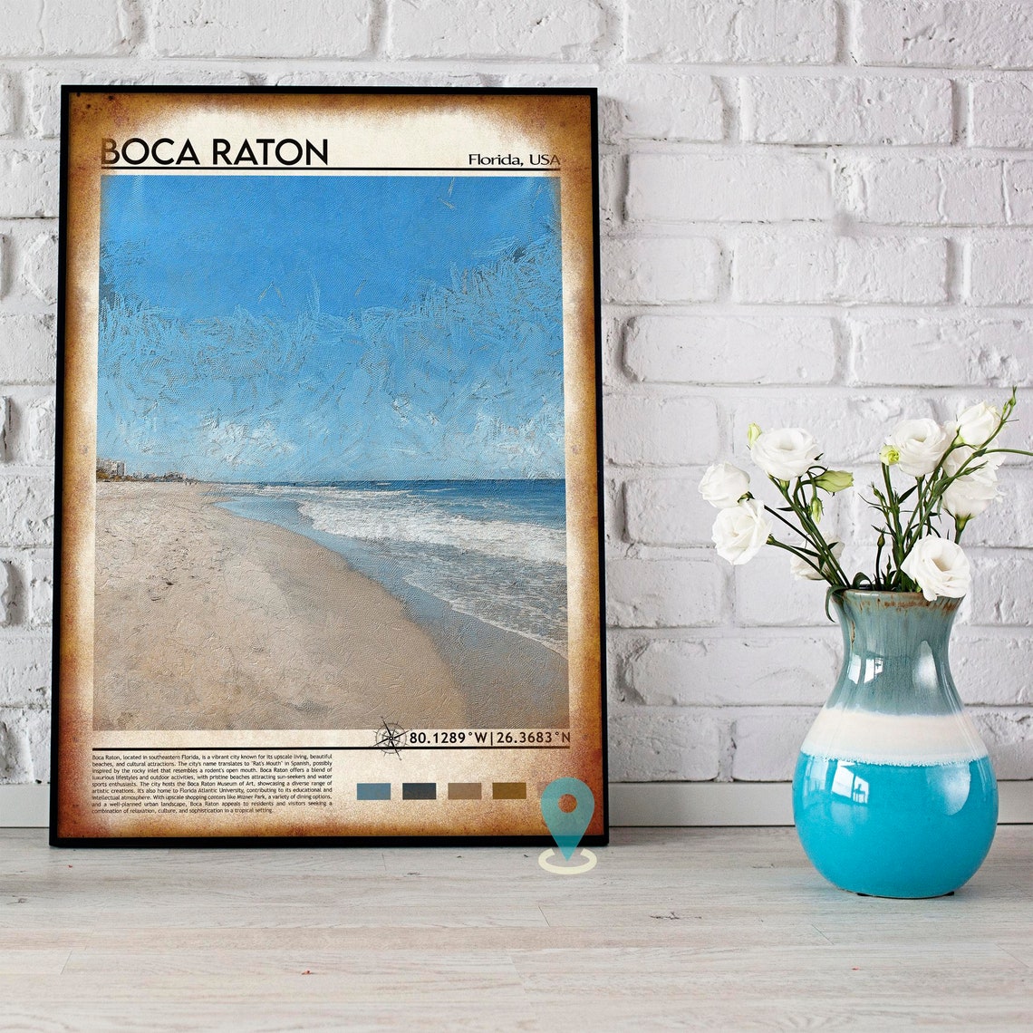 Boca Raton Florida Sunny Sandy Beach Ocean Waves Painterly Art Poster - Image 4