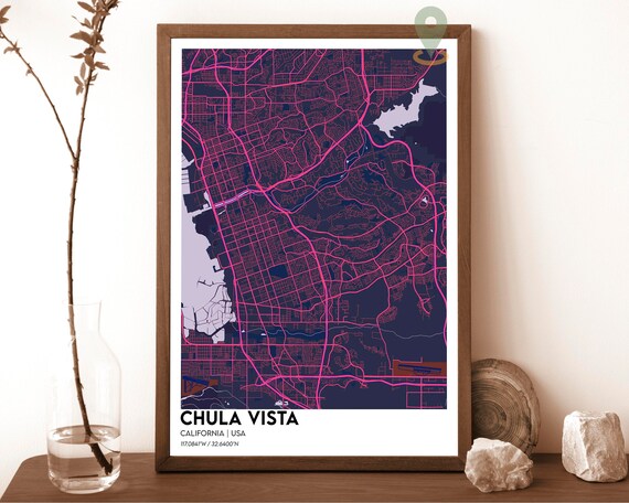 Chula Vista California Neon Pink Street Map Dark Navy Coastal Art Print