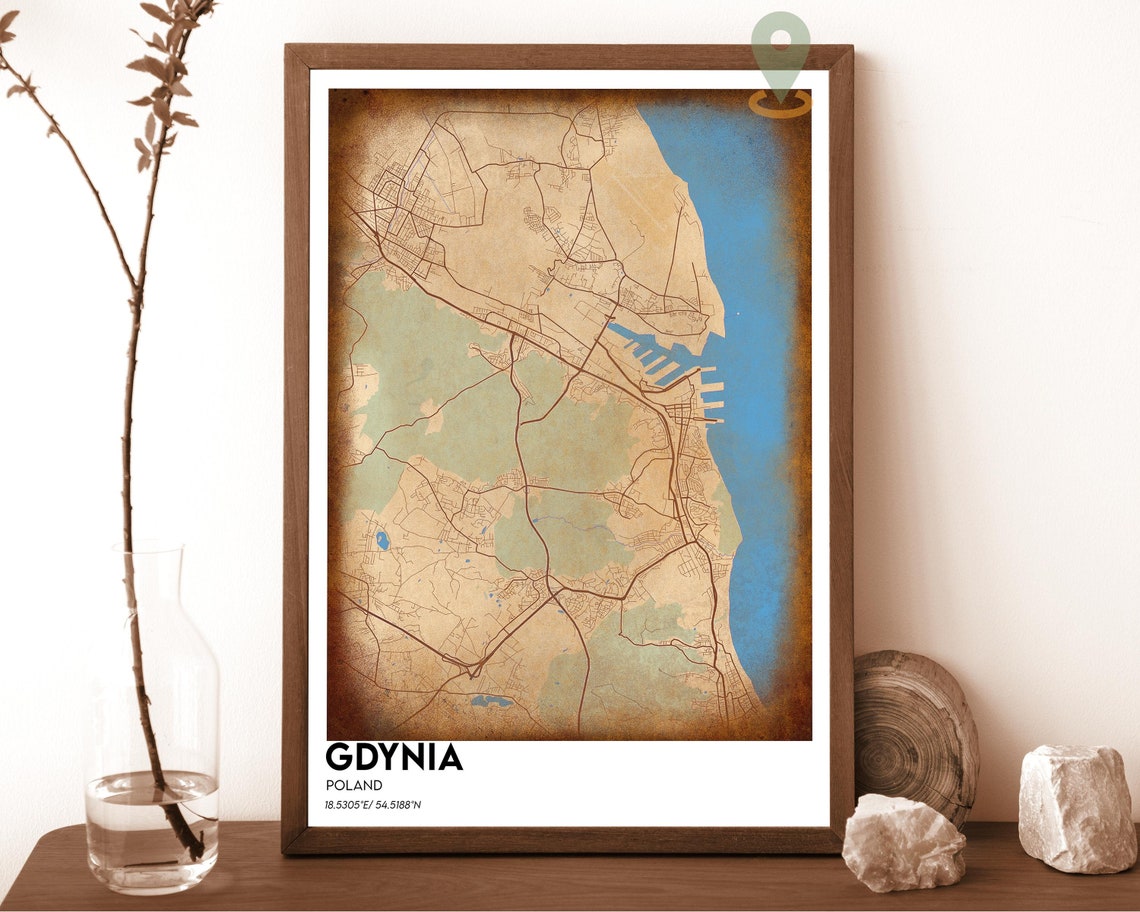 Gdynia Poland Retro Vintage Baltic Coast Harbor City Map Poster